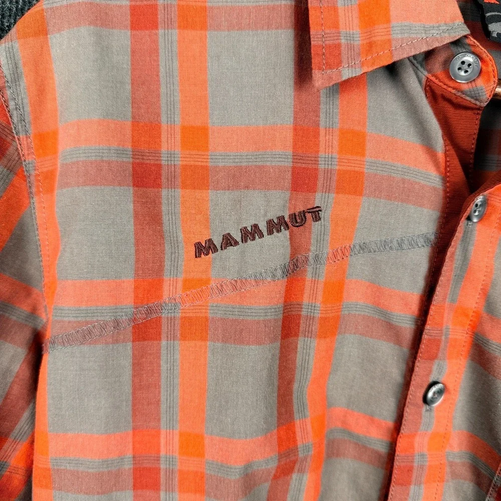 Mammut Plaid Hiking Shirt Mens Large Orange Grey Button Up Short Sleeve
